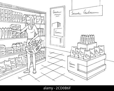 Grocery store shop interior black white graphic sketch illustration vector. Woman buying products Stock Vector