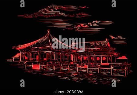 Forbidden city in Beijing, landmark of China. Hand drawn vector sketch illustration in monochrome colors isolated on red background. China travel Conc Stock Vector
