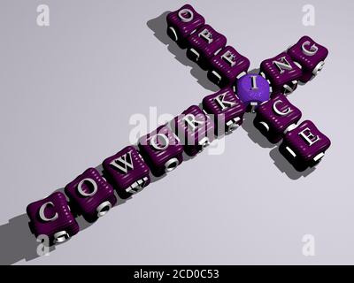coworking office crossword of colorful cubic letters, 3D illustration Stock Photo