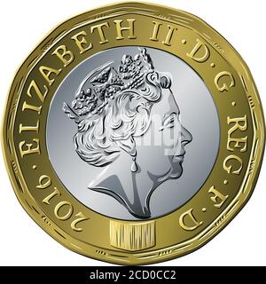 Vector British money gold coin one pound new 12-sided design with profile of Queen Elizabeth II on obverse Stock Vector