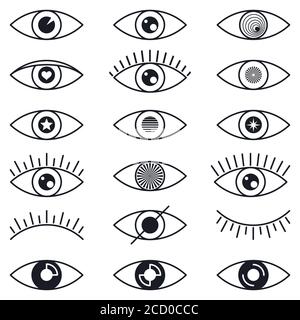 Set eye icons. Open and closed eyes, sleeping eye shapes, with eyelash, searching signs for web page. Stock Vector