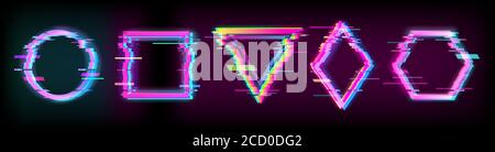 Colorful glitch geometric shapes, frames set with neon effect Stock Vector