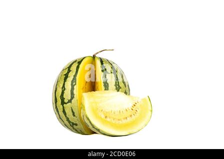 Watermelon with yellow pulp isolated on white background. Slice of yellow watermelon. Copy space. Stock Photo