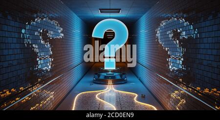 Blue and orange question marks digital hologram in underground 3D rendering Stock Photo