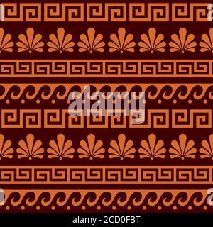 Greek ancient seamless vector pattern set - floral and geometric repetitive ornament, key pattern in brown and orange Stock Vector