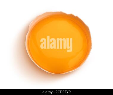 Broken chicken eggs isolated on white background, top view Stock Photo