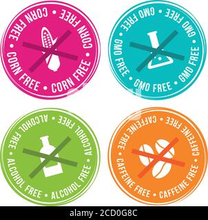 xICorn free, GMO free, Alcohol free and Caffeine free Badges. Eps10 Vector. Stock Vector