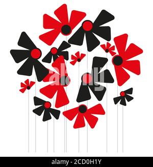 Abstract Red and Black Flowers on a white background Stock Vector