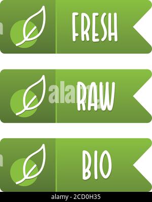 Fresh, Raw and Bio vegan banner set. Eps10 Vector. Stock Vector