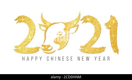 Happy Chinese new year 2021. Golden glittering bull zodiac sign with number in grunge style isolated on a white background. Vector illustration. EPS 1 Stock Vector