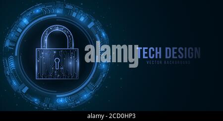 Security lock and sci-fi user interface with HUD elements. Password protection of computer system data. Glowing blue motherboard circuit on a dark bac Stock Vector