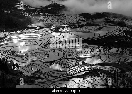 Sunrise over rice terraces of Yuanyang, south Yunnan province, China. In winter, the terraces are flooded, giving nice reflections in the water. Stock Photo