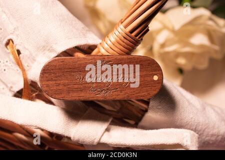 Beautiful wedding flash drive with the inscription Wedding Day from a tree engraved Stock Photo