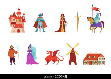 Medieval and fairy tales characters, knights, farmer, princess and horses. Vector illustrations  Stock Vector