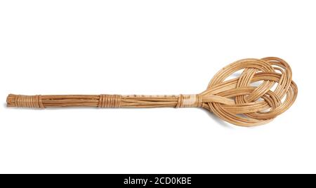 vintage wicker kitchen spatula isolated on white background, close up Stock Photo