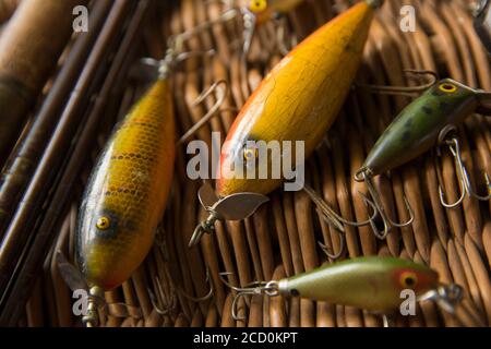 Examples of old South Bend fishing lures, or plugs, to catch predatory fish displayed on a whicker tackle box. The larger lures are South Bend Stock Photo