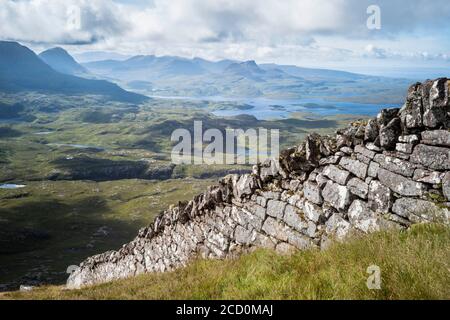Suilven mountain, Assynt, Scotland, The destitution wall that bisects the mountain Stock Photo