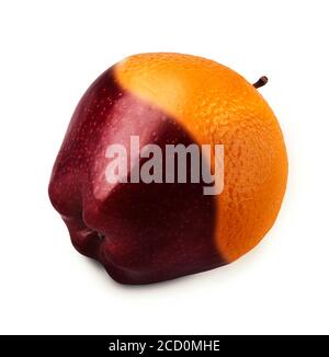 Food biotechnology concept. GMO fruit produced by apple and orange gene combination, isolated on white Stock Photo