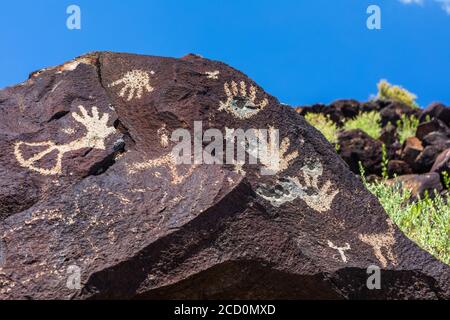 Petroglyphs on volcanic rock with sagebrush in Piedras Marcadas Canyon, Petroglyph National Monument on a sunny, spring afternoon Stock Photo