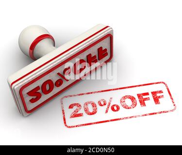 Discount of twenty percentage. The stamp and an imprint. White rubber stamp and red imprint 20%OFF on white surface. 3D illustration Stock Photo