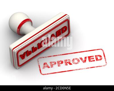 Approved. The stamp and an imprint. White seal and red imprint APPROVED on white surface. 3D illustration Stock Photo