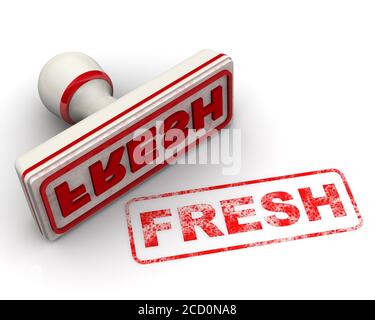 Fresh. The stamp and an imprint. The white seal and red imprint FRESH on white surface. 3D illustration Stock Photo