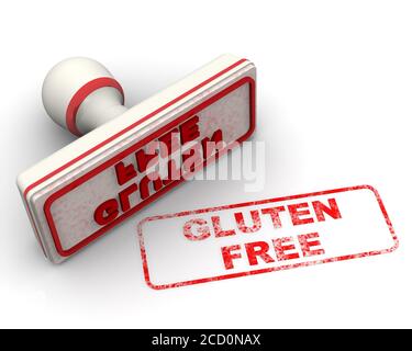 Gluten free. The stamp and an imprint. The white seal and red imprint GLUTEN FREE on white surface. 3D illustration Stock Photo