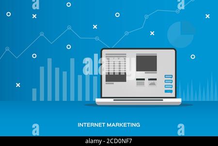 Internet Marketing Vector Illustration With Laptop Over Blue Background Stock Vector