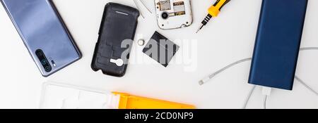 Flat Lay (Top view) of smartphone components isolate on white background with clipping path Stock Photo