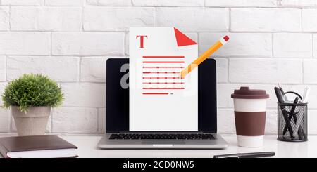 Text Web Icon Illustration On Laptop In Office, Collage, Panorama Stock Photo