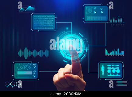 Finger touching button on interactive display, closeup Stock Photo