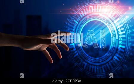 Hand touching hologram with AI lettering over night city background Stock Photo