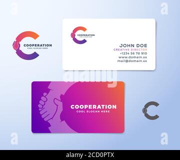 Cooperation Abstract Vector Logo and Business Card Template. Hand Shake Incorporated in Letter C Concept. Premium Stationary Realistic Mock Up. Stock Vector