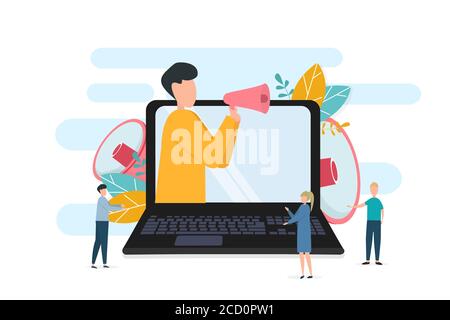 Man Communicating Through Laptop Screen Holding Megaphone, White Background, Illustration Stock Vector