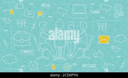 Young People Networking Using Social Media On Blue Background, Illustration Stock Vector