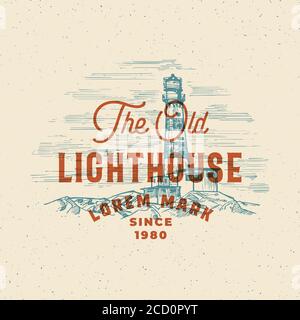 Old Lighthouse Abstract Vector Sign, Symbol or Logo Template. Searchlight Tower Landscape Drawing Sketch with Retro Typography. Vintage Engraving Stock Vector