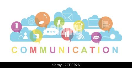 Illustration With Communication Icons In Speech Bubbles, White Background, Panorama Stock Vector