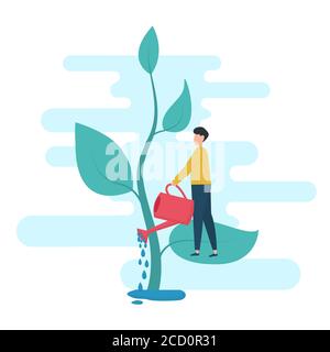Man Watering Plant Cultivating Tree Over White Background, Vector, Square Stock Vector