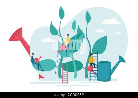 People Cultivating Green Plants Over White Background, Vector Illustration Stock Vector