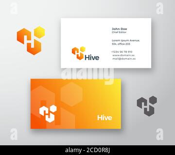 Hive Abstract Vector Logo and Business Card Template. Letter H Incorporated in the Hive Cells with Modern Typography. Premium Stationary Realistic Stock Vector