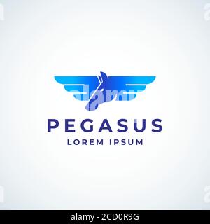 Winged Pegasus Absrtract Vector Sign, Symbol or Logo Template. Stylized Horse Head with Two Wings Silhouette Emblem with Modern Typography. Stock Vector