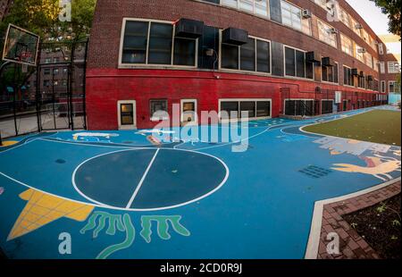 The closed playground of PS33 in the Chelsea neighborhood of New York on Wednesday, August 19, 2020. The UFT and a number of school principals are calling for New York not to reopen schools under the existing plan outlined by the mayor and schools chancellor. The teachers’ union has threatened to strike if the safety criteria they have proposed is not adopted. (© Richard B. Levine) Stock Photo