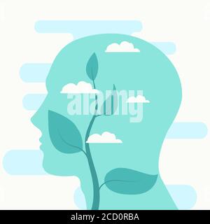 Head Silhouette With Plant Inside On White Background, Ecological Mindset Stock Vector