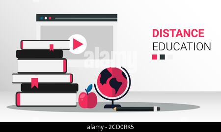 Books And Computer Screen With Video Icon, Gray Background, Illustration Stock Vector