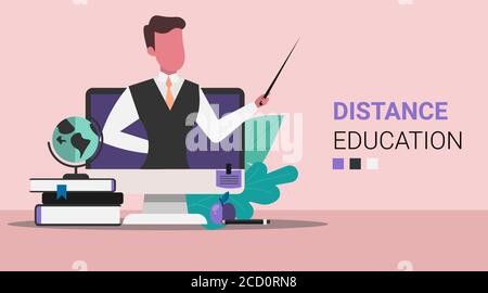 Laptop With Teacher On Student's Desk Over Pink Background, Vector Stock Vector