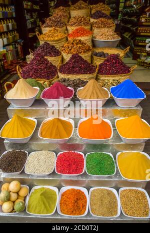 Spices for sale, Sharia el Souk (Bazaar); Aswan, Egypt Stock Photo