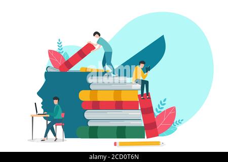 People Learning Reading Books Acquiring Knowledge, White Background, Conceptual Illustration Stock Vector
