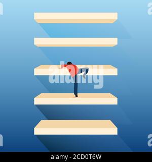 Man Climbing Up Ladder Steps On Blue Background, Square, Vector Stock Vector