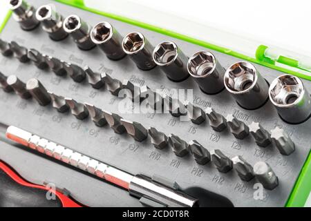 A set of replacement attachments, bits and screwdrivers, for repair. Stock Photo