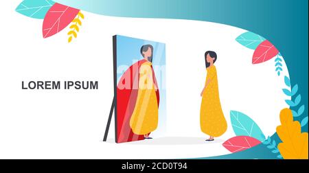 Woman Looking In Mirror Seeing Her Reflection As Superhero, Illustration Stock Vector